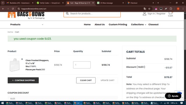 Bags & Bows checkout page showing Bags & Bows coupon code box | Screenshot taken by SimplyCodes community member on Apr 12, 2025