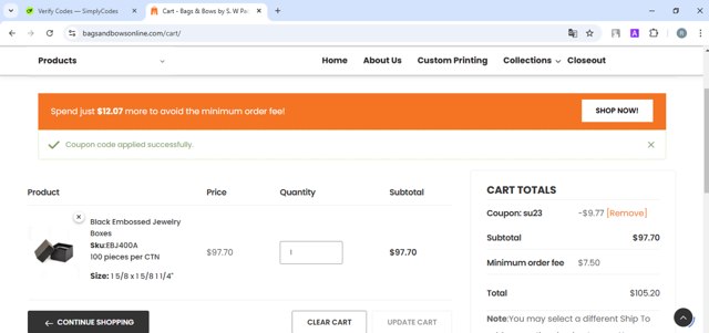 Bags & Bows checkout page showing Bags & Bows coupon code box | Screenshot taken by SimplyCodes community member on Jan 20, 2025