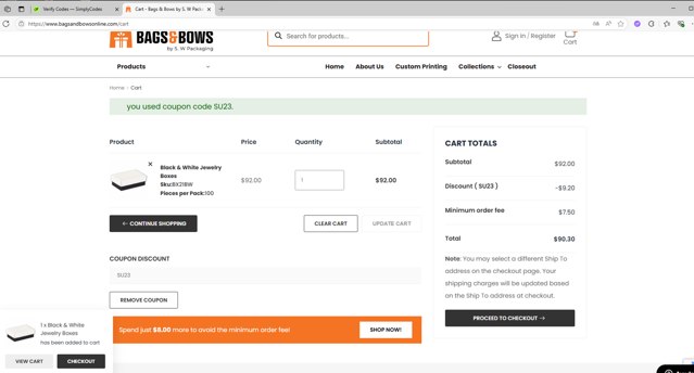 Bags & Bows checkout page showing Bags & Bows coupon code box | Screenshot taken by SimplyCodes community member on May 20, 2025