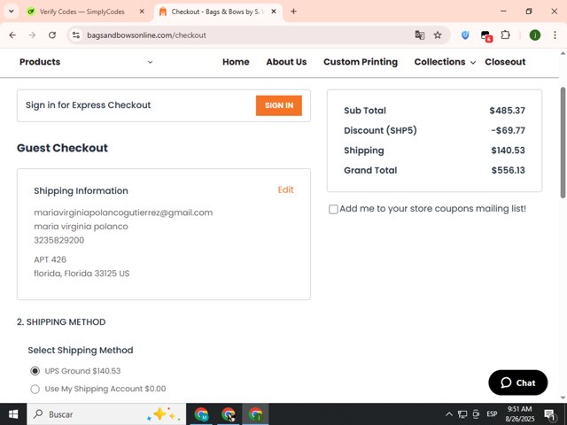 Bags & Bows checkout page showing Bags & Bows coupon code box | Screenshot taken by SimplyCodes community member on Aug 26, 2025