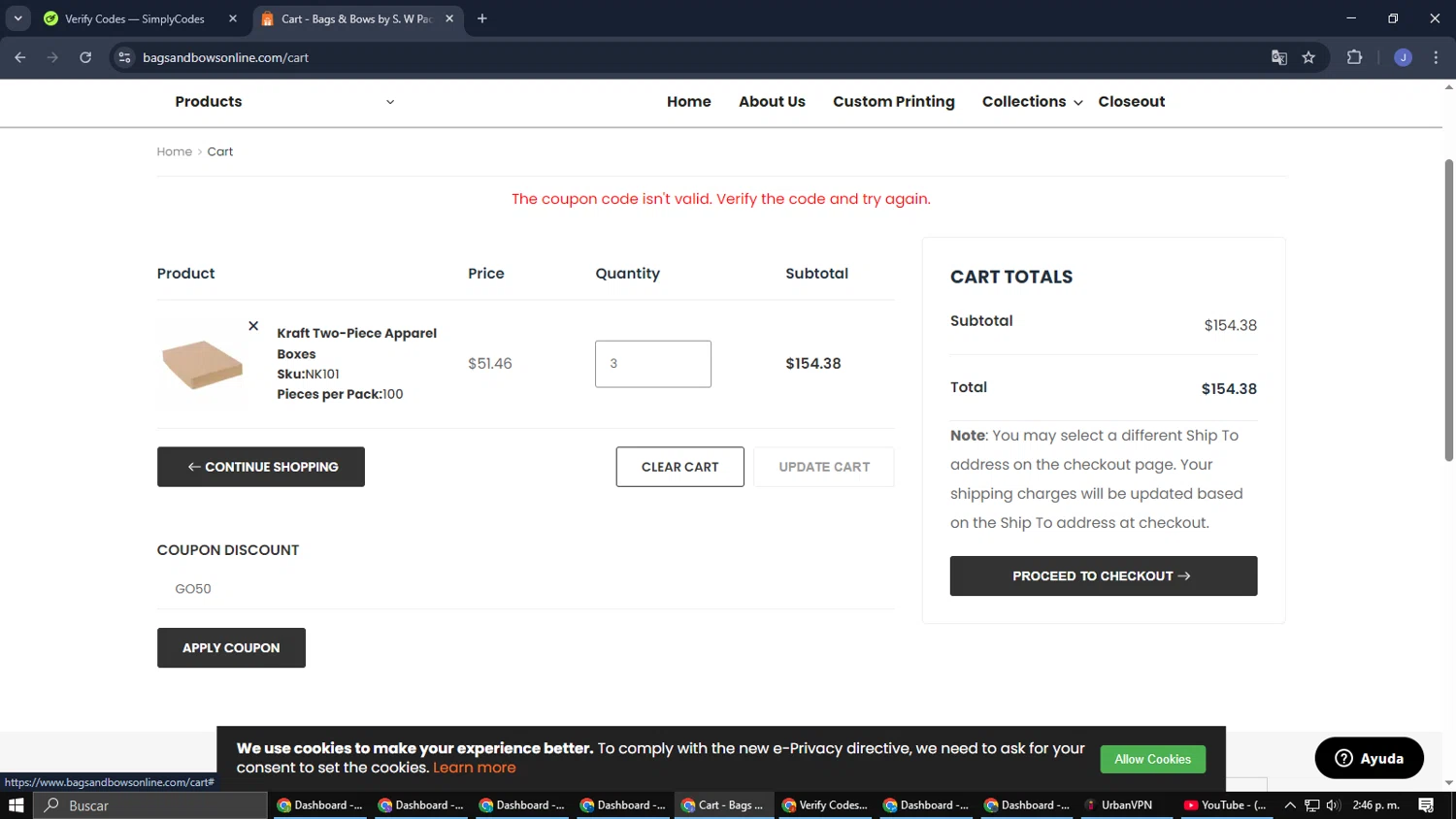 Bags & Bows promo code screenshot showing code GO50 applied at Bags & Bows checkout page. Uploaded by SimplyCodes community member CouponGuardian8137 on Jan 28, 2026