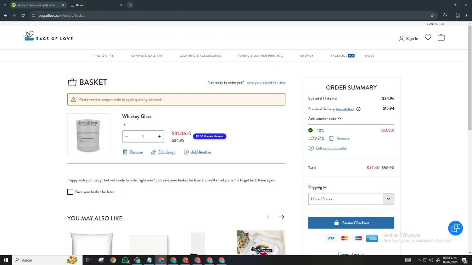 Bags of Love promo code screenshot showing code LOVE10 applied at Bags of Love checkout page. Uploaded by SimplyCodes community member Chamber on Feb 3, 2025