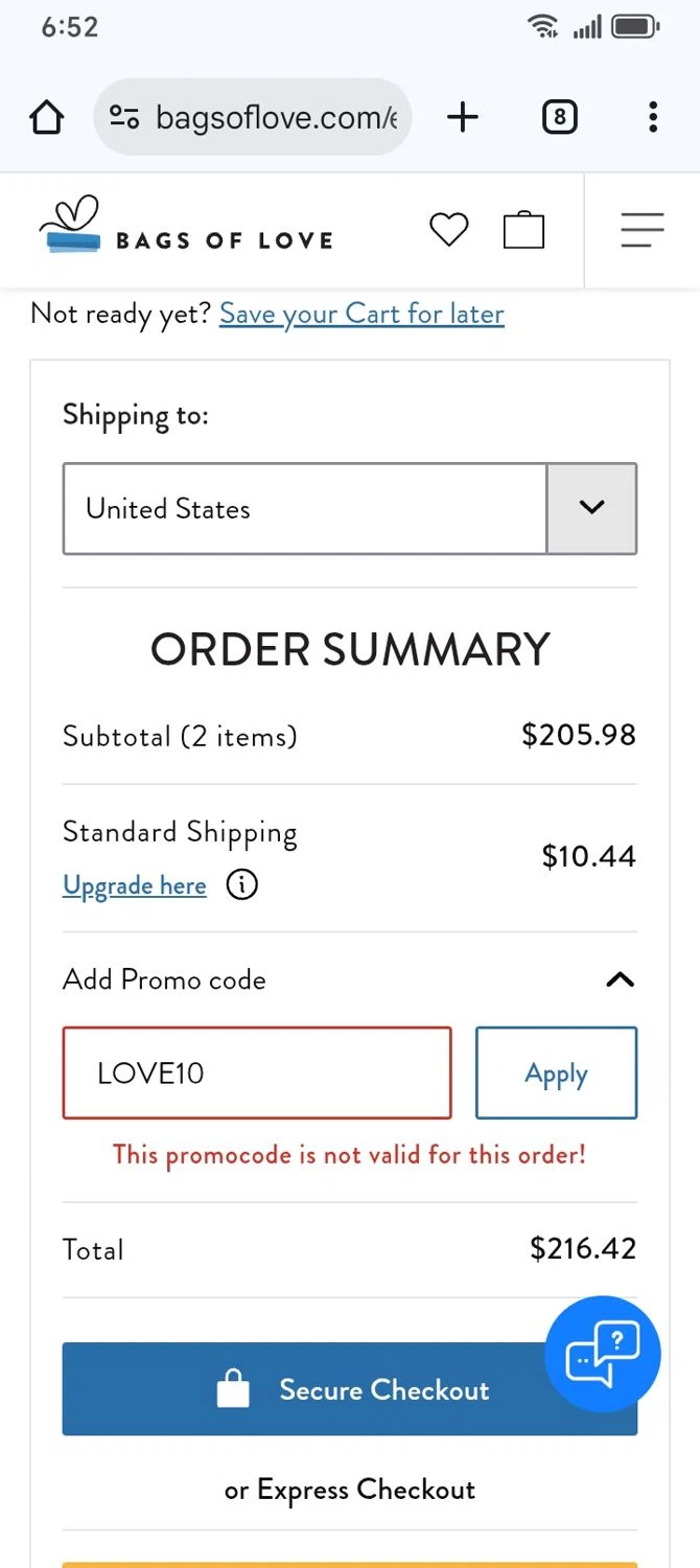 Bags of Love promo code screenshot showing code LOVE10 applied at Bags of Love checkout page. Uploaded by SimplyCodes community member franksanchez on Aug 22, 2025