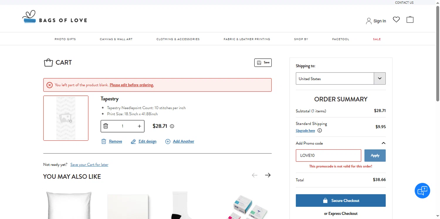 Bags of Love promo code screenshot showing code LOVE10 applied at Bags of Love checkout page. Uploaded by SimplyCodes community member the_loose_cannon on Aug 22, 2025