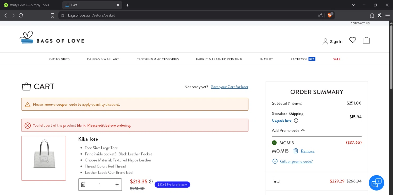 Bags of Love promo code screenshot showing code MOM15 applied at Bags of Love checkout page. Uploaded by SimplyCodes community member MadaraUchiha07 on Apr 25, 2025