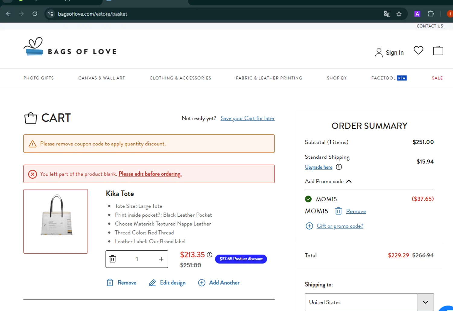 Bags of Love promo code screenshot showing code MOM15 applied at Bags of Love checkout page. Uploaded by SimplyCodes community member SmartMaestro6853 on May 1, 2025