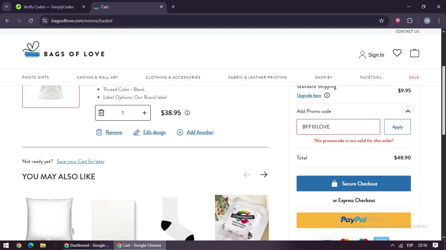 Bags of Love checkout page showing Bags of Love promo code box | Screenshot taken by SimplyCodes community member on Aug 13, 2025