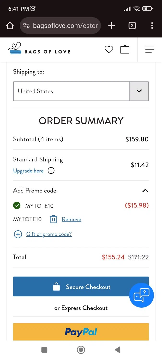 Bags of Love checkout page showing Bags of Love promo code box | Screenshot taken by SimplyCodes community member on Aug 15, 2025