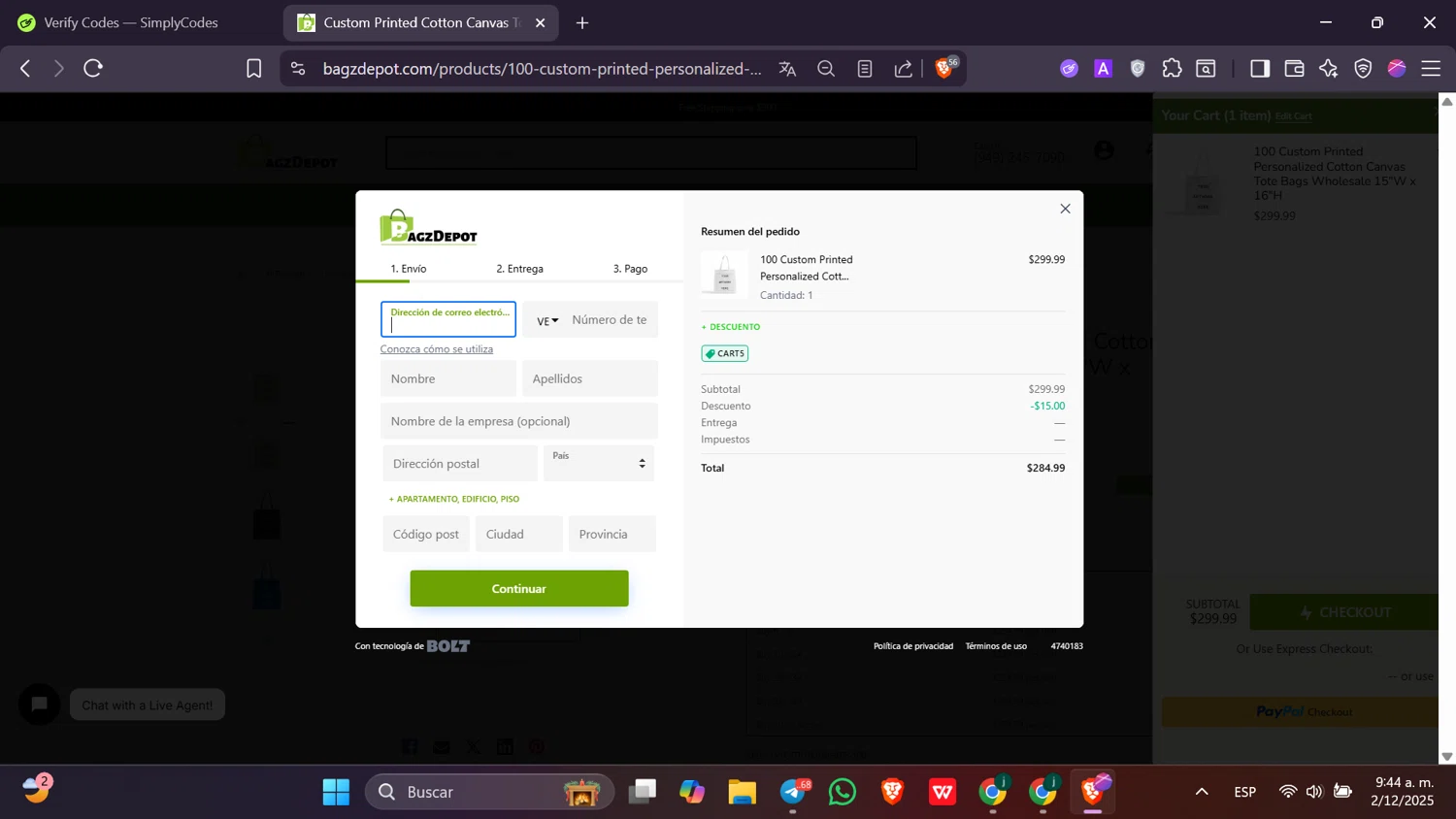 BagzDepot checkout page showing BagzDepot promo code box | Screenshot taken by SimplyCodes community member on Dec 2, 2025