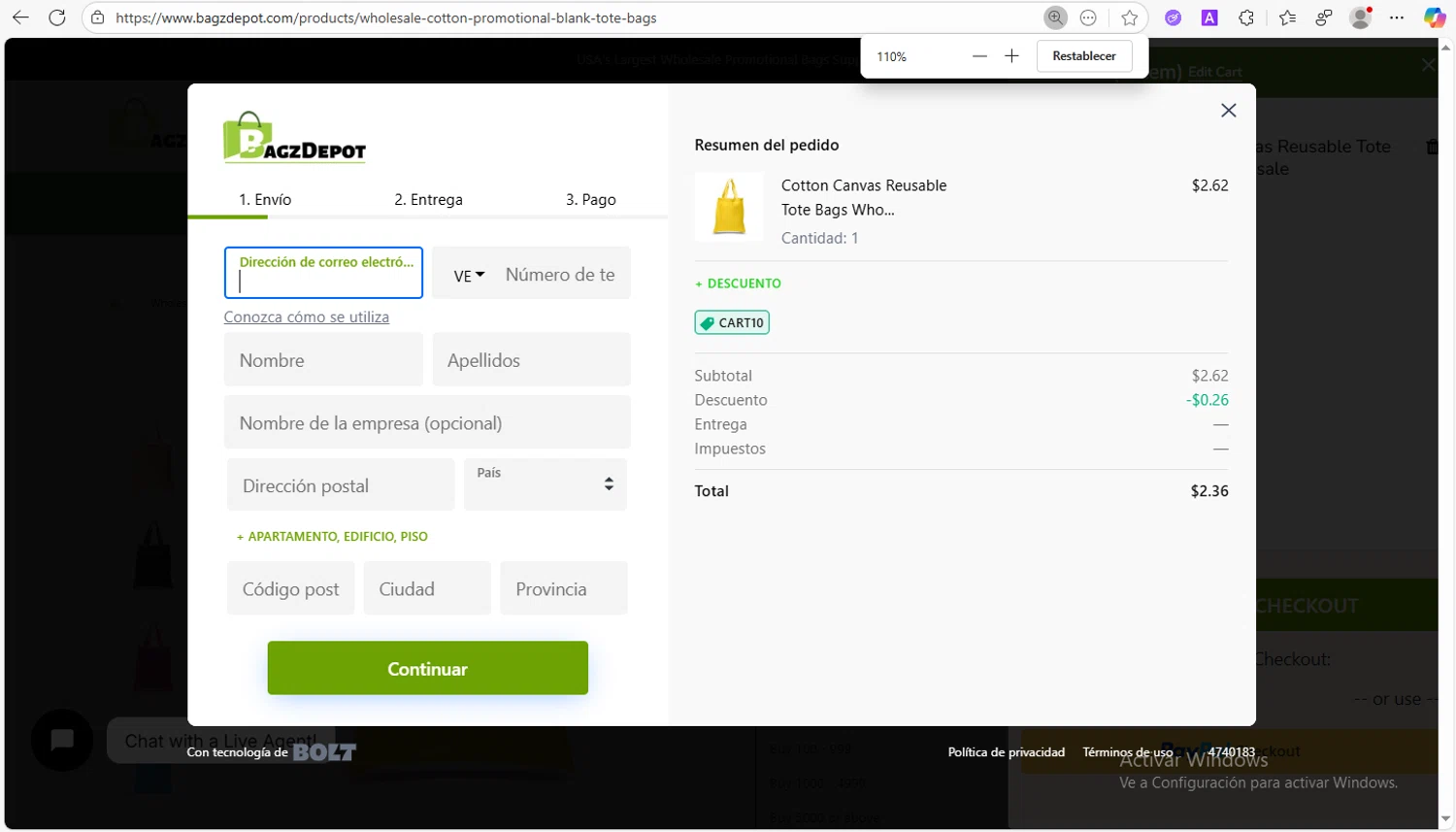 BagzDepot promo code screenshot showing code CART10 applied at BagzDepot checkout page. Uploaded by SimplyCodes community member VoucherWhiz9254 on Dec 2, 2025
