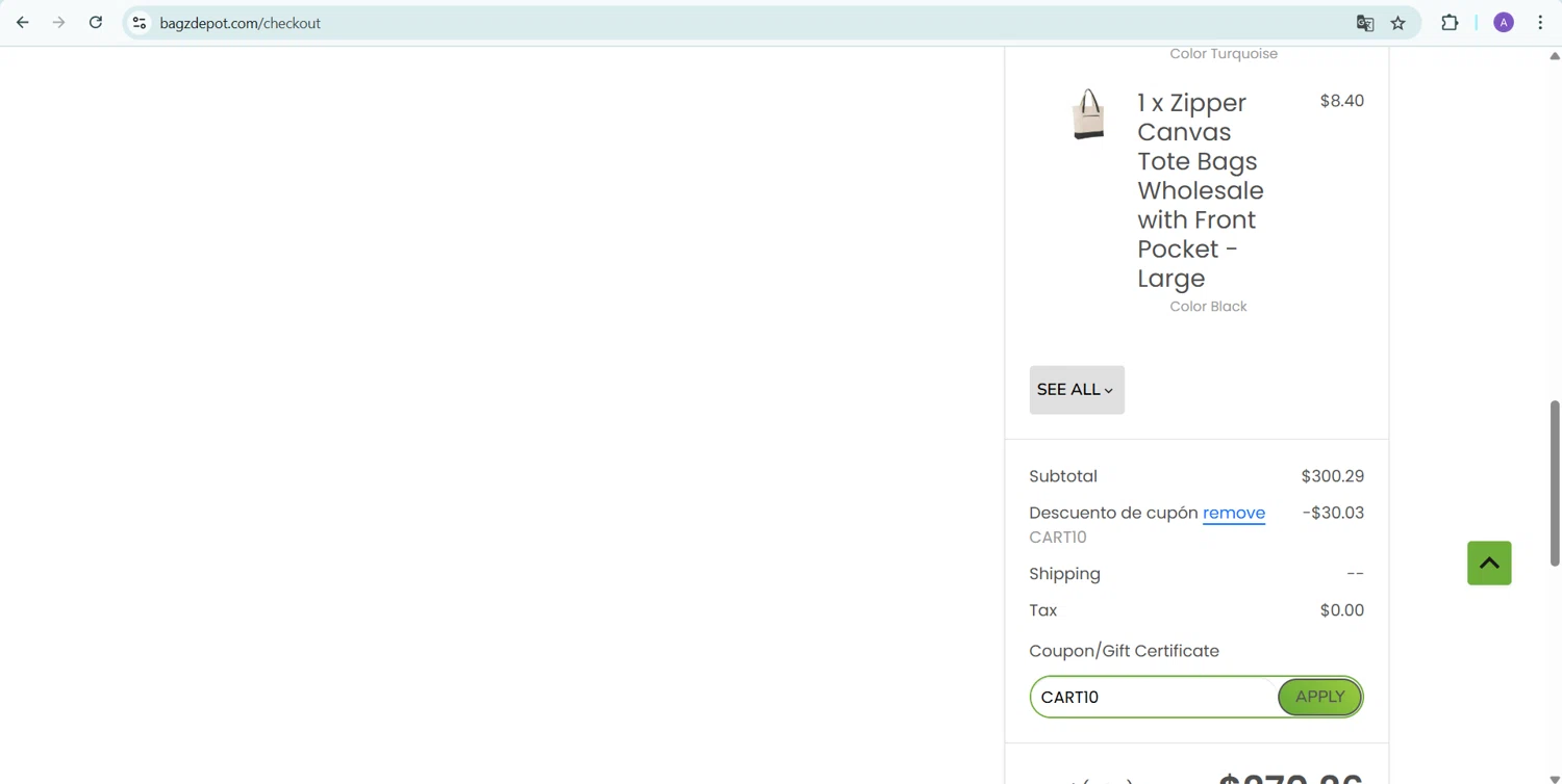 BagzDepot promo code screenshot showing code CART10 applied at BagzDepot checkout page. Uploaded by SimplyCodes community member AGDR28 on May 16, 2025