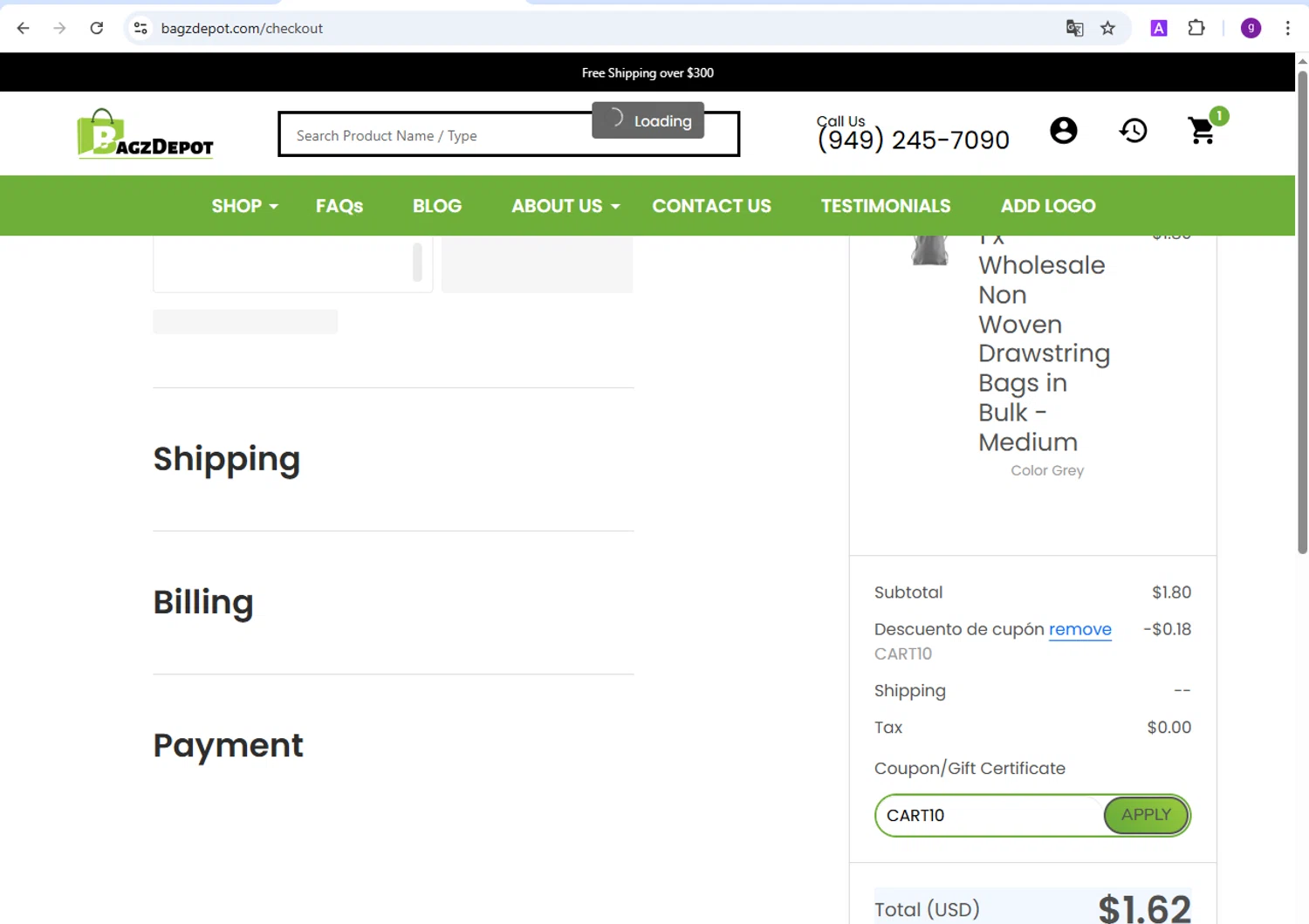 BagzDepot promo code screenshot showing code CART10 applied at BagzDepot checkout page. Uploaded by SimplyCodes community member RoyalGenius4818 on Apr 16, 2025