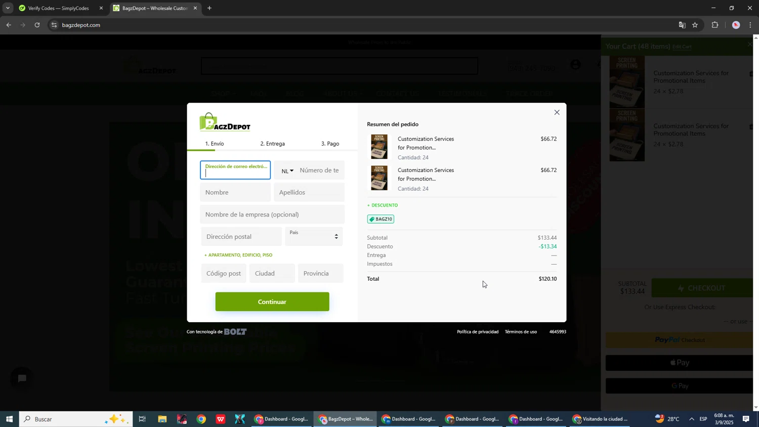 BagzDepot promo code screenshot showing code BAGZ10 applied at BagzDepot checkout page. Uploaded by SimplyCodes community member DealScout5970 on Sep 3, 2025