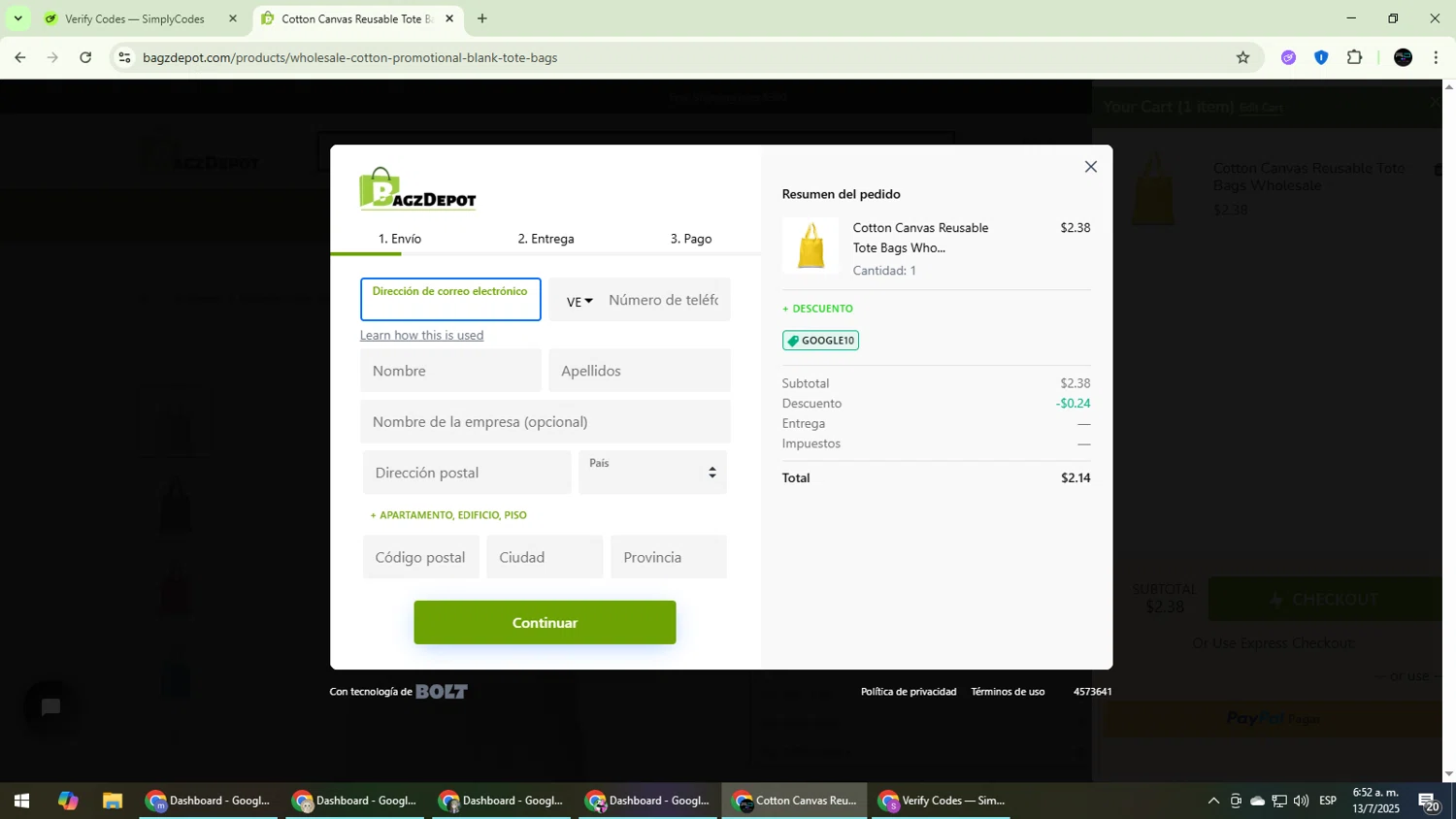BagzDepot promo code screenshot showing code GOOGLE10 applied at BagzDepot checkout page. Uploaded by SimplyCodes community member CarmenVGR on Jul 13, 2025