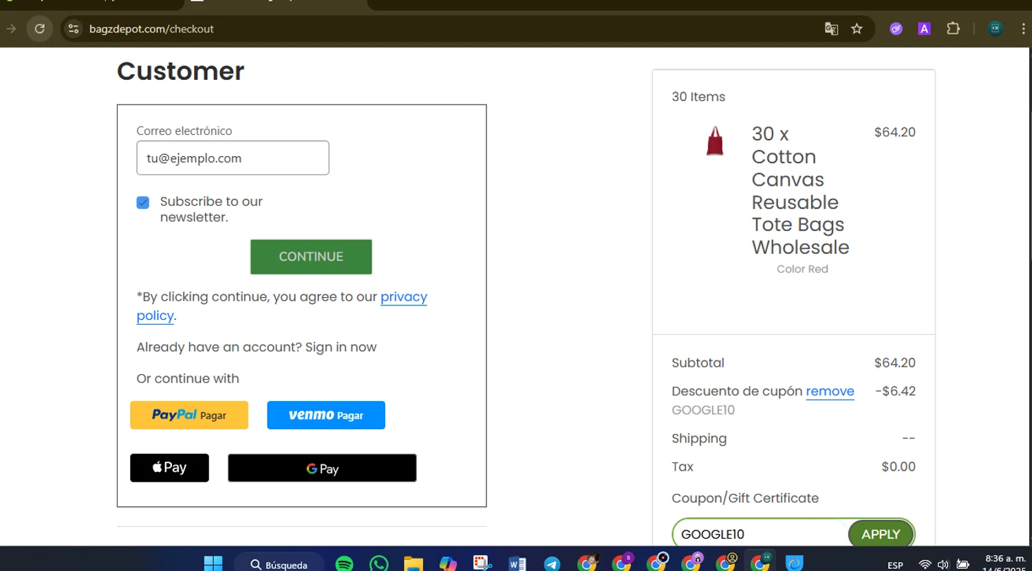 BagzDepot promo code screenshot showing code GOOGLE10 applied at BagzDepot checkout page. Uploaded by SimplyCodes community member Charly2607 on Jun 14, 2025