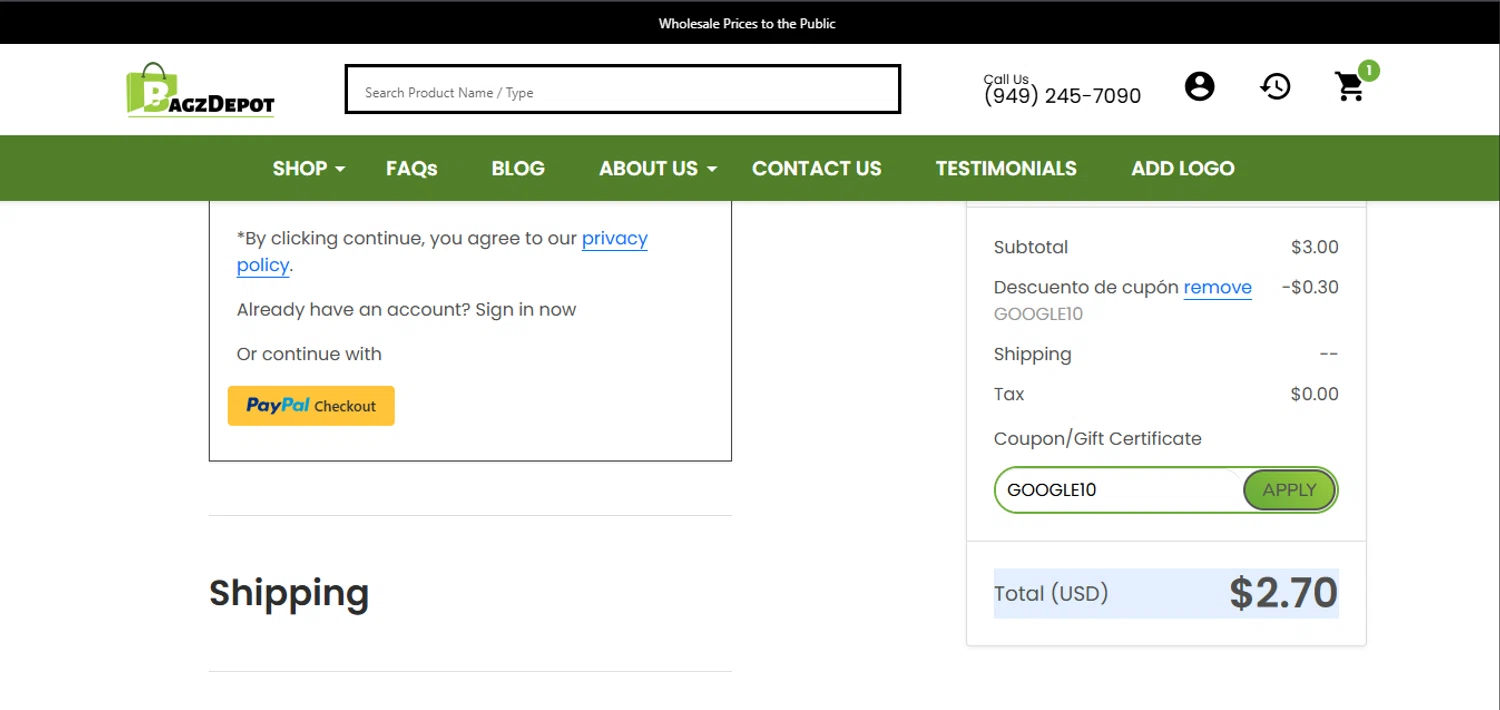 BagzDepot promo code screenshot showing code GOOGLE10 applied at BagzDepot checkout page. Uploaded by SimplyCodes community member Sebastiangil on May 16, 2025