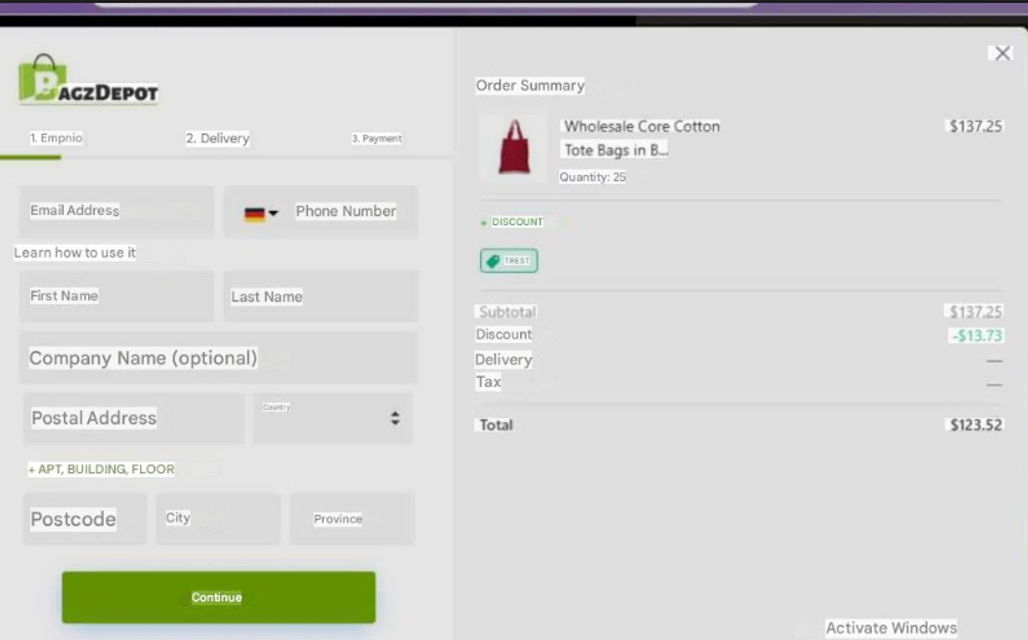 BagzDepot promo code screenshot showing code TRST applied at BagzDepot checkout page. Uploaded by SimplyCodes community member beatrizcastillo on Dec 15, 2025