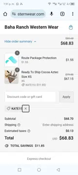 Baha Ranch Western Wear coupon verification screenshot