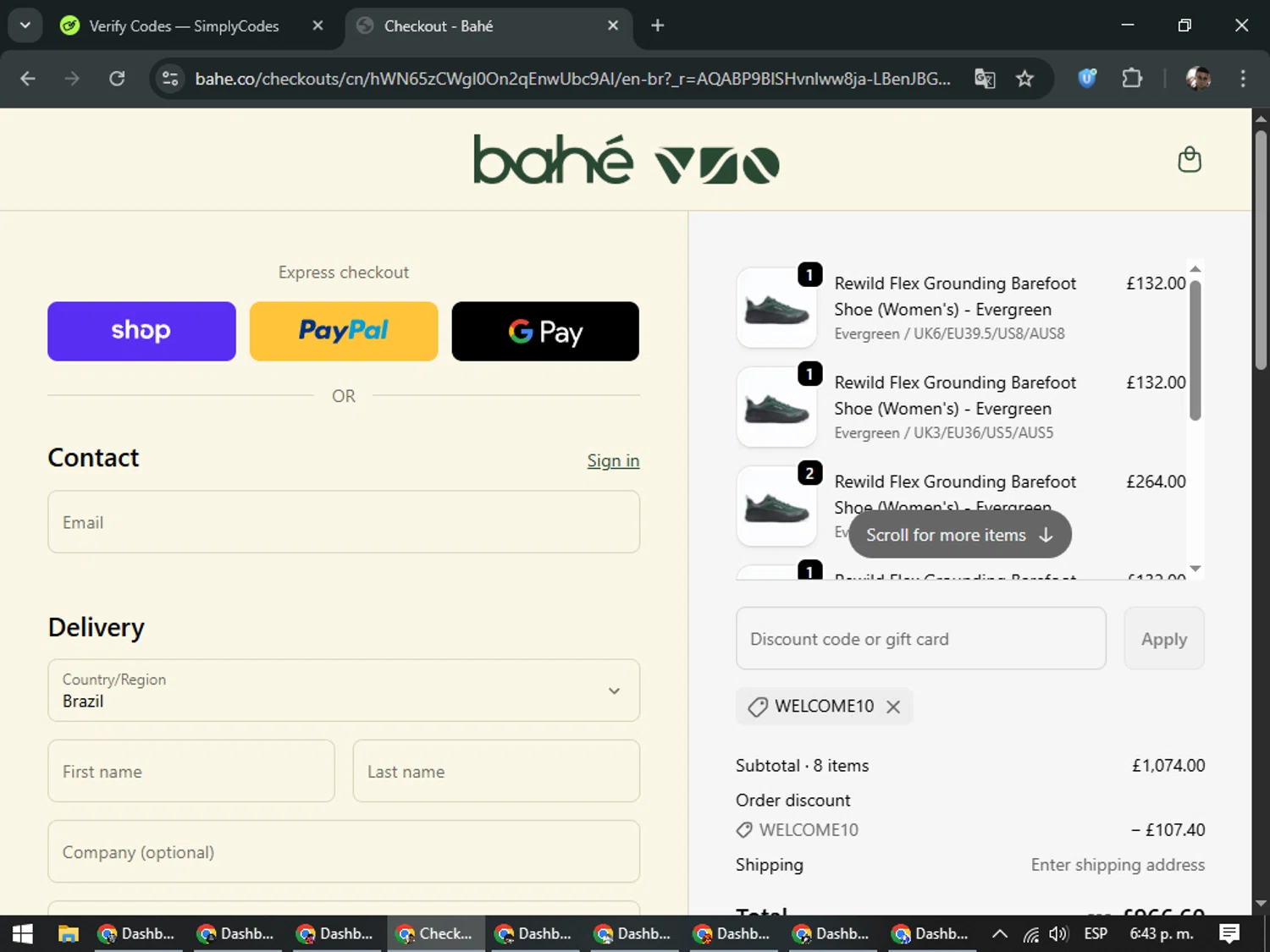Bahé promo code screenshot showing code WELCOME10 applied at Bahé checkout page. Uploaded by SimplyCodes community member DiscountSeeker682 on Dec 5, 2025