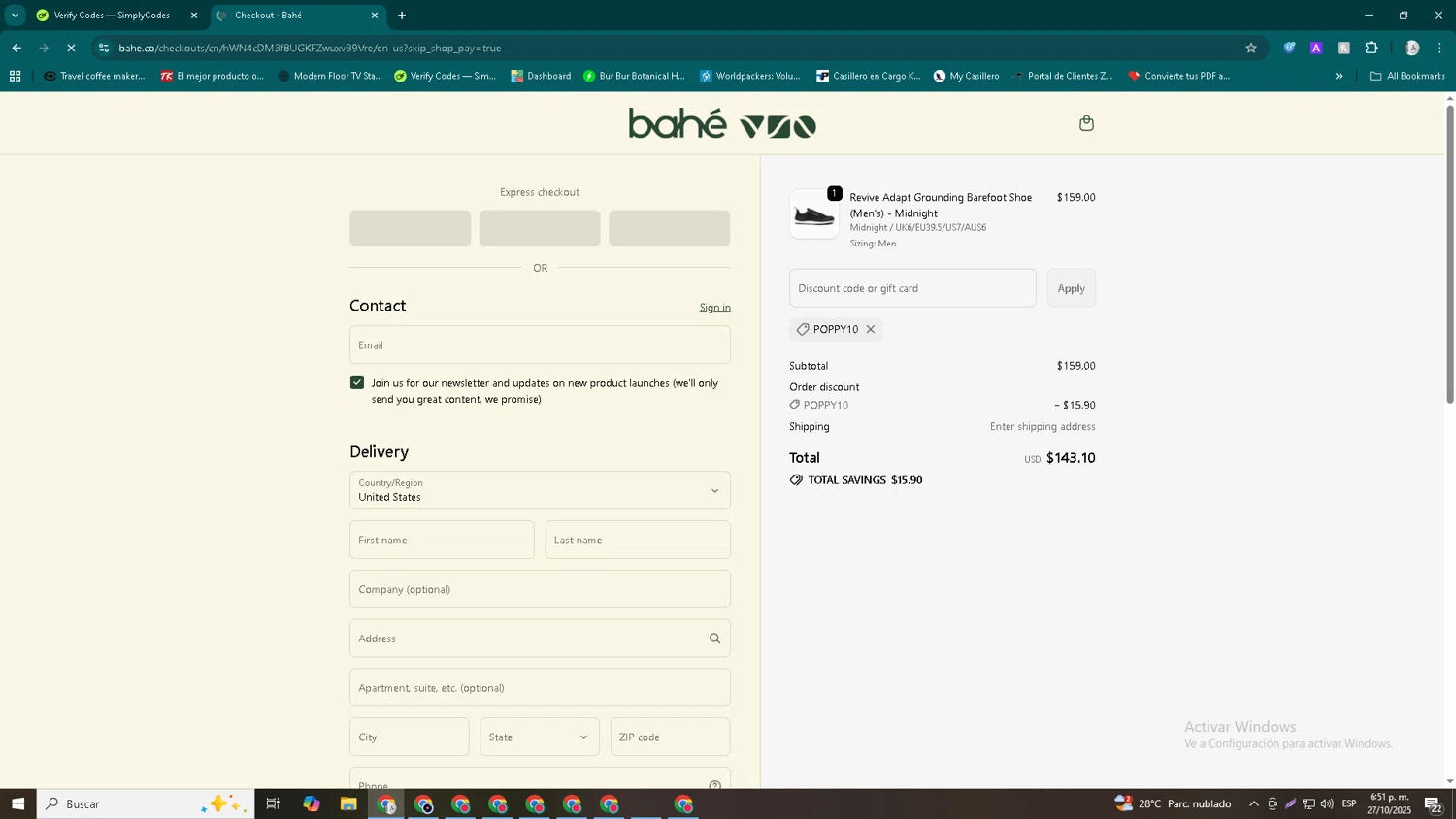 Bahé promo code screenshot showing code POPPY10 applied at Bahé checkout page. Uploaded by SimplyCodes community member John_Johnson on Oct 27, 2025