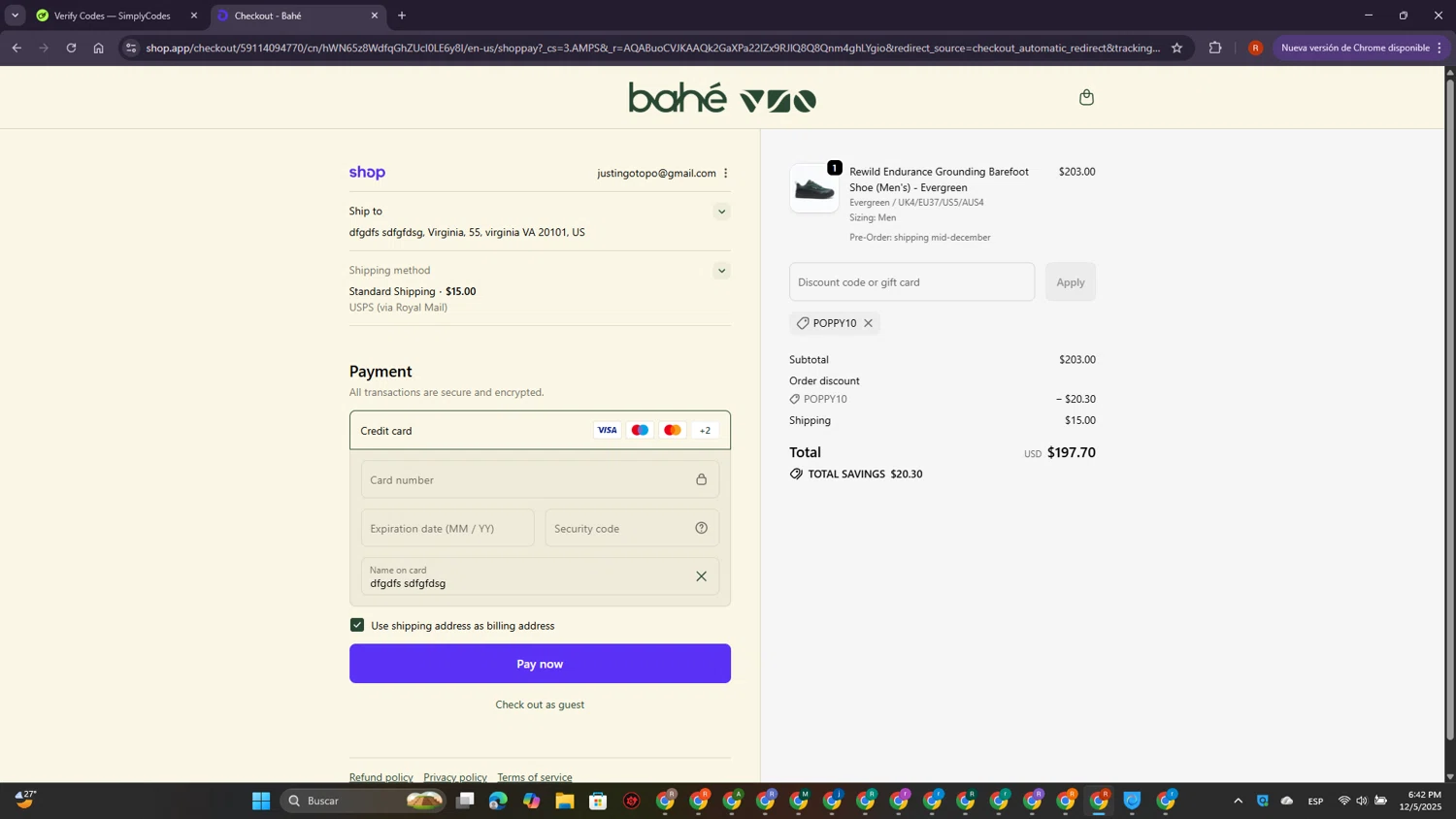 Bahé promo code screenshot showing code POPPY10 applied at Bahé checkout page. Uploaded by SimplyCodes community member MagnificentExpert2705 on Dec 5, 2025