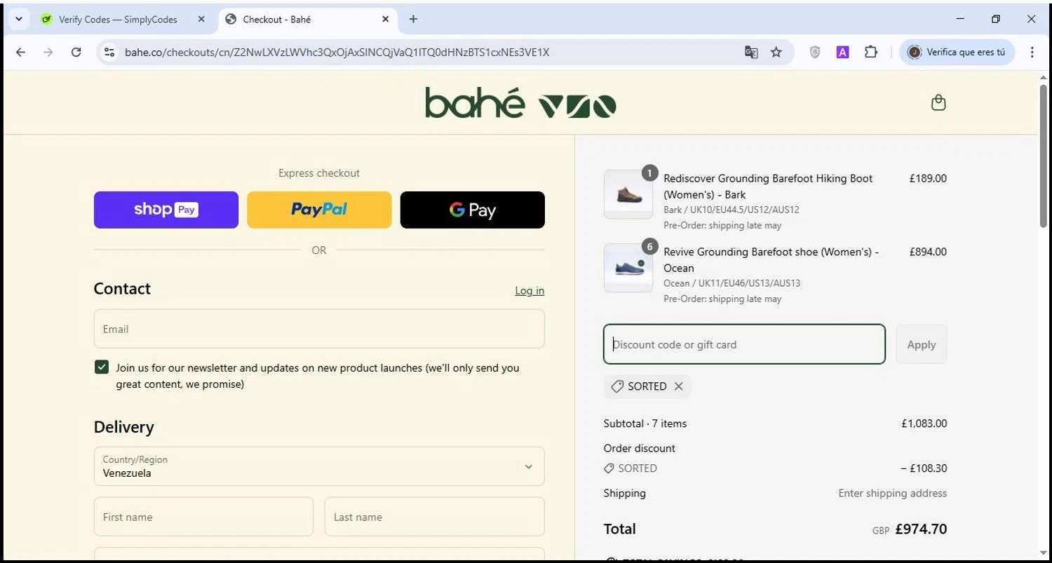 Bahé promo code screenshot showing code SORTED applied at Bahé checkout page. Uploaded by SimplyCodes community member usenamee on Apr 21, 2025