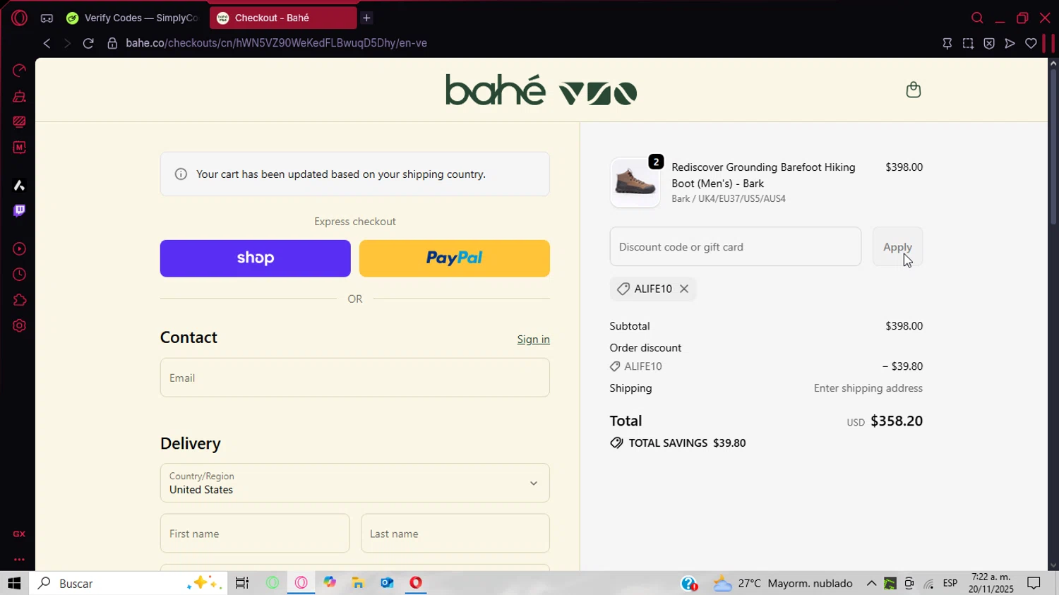 Bahé promo code screenshot showing code ALIFE10 applied at Bahé checkout page. Uploaded by SimplyCodes community member CoinPhoenix3025 on Nov 20, 2025