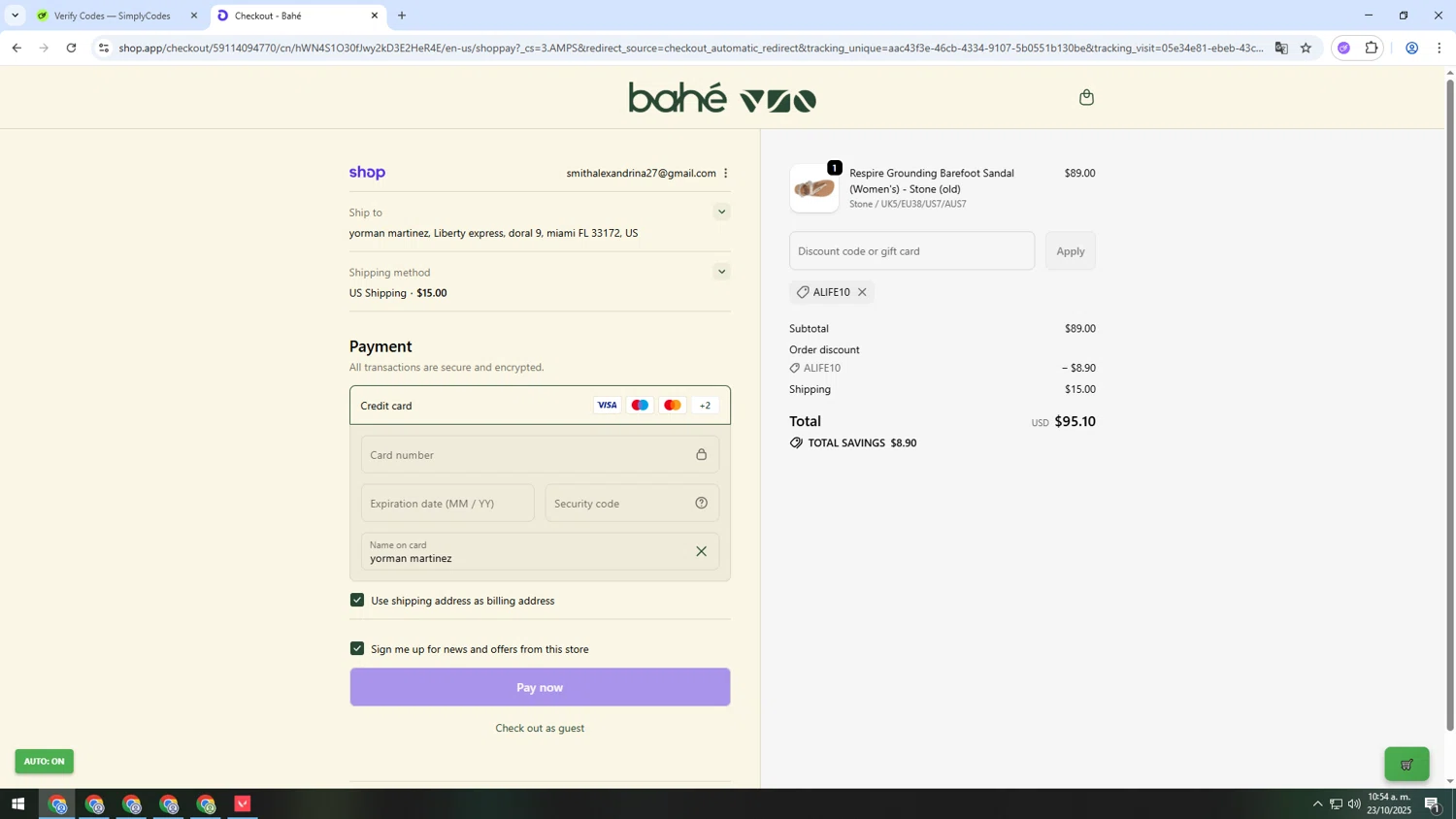Bahé promo code screenshot showing code ALIFE10 applied at Bahé checkout page. Uploaded by SimplyCodes community member MRYORMAN on Oct 23, 2025