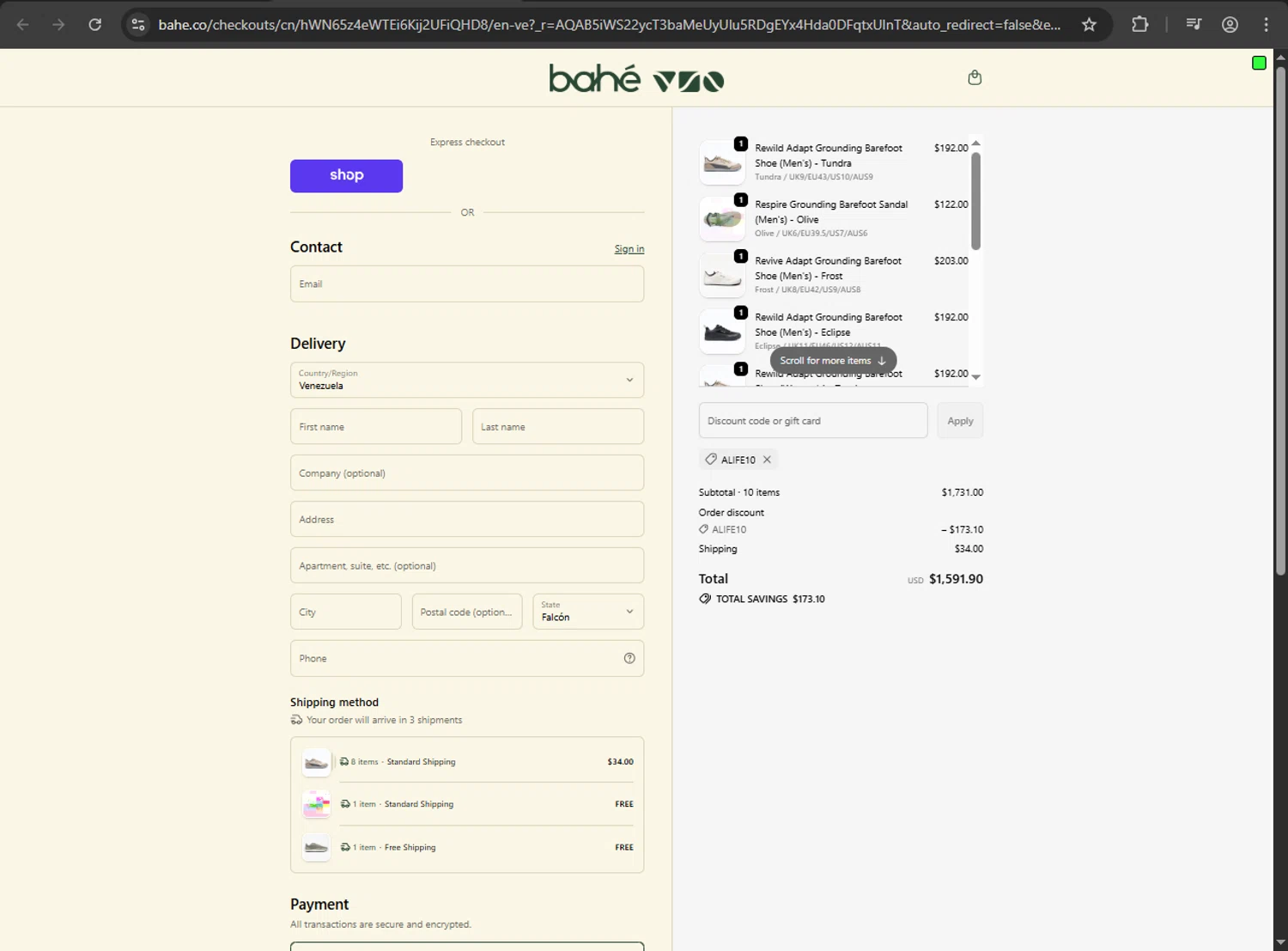 Bahé promo code screenshot showing code ALIFE10 applied at Bahé checkout page. Uploaded by SimplyCodes community member MRDEAL on Dec 5, 2025