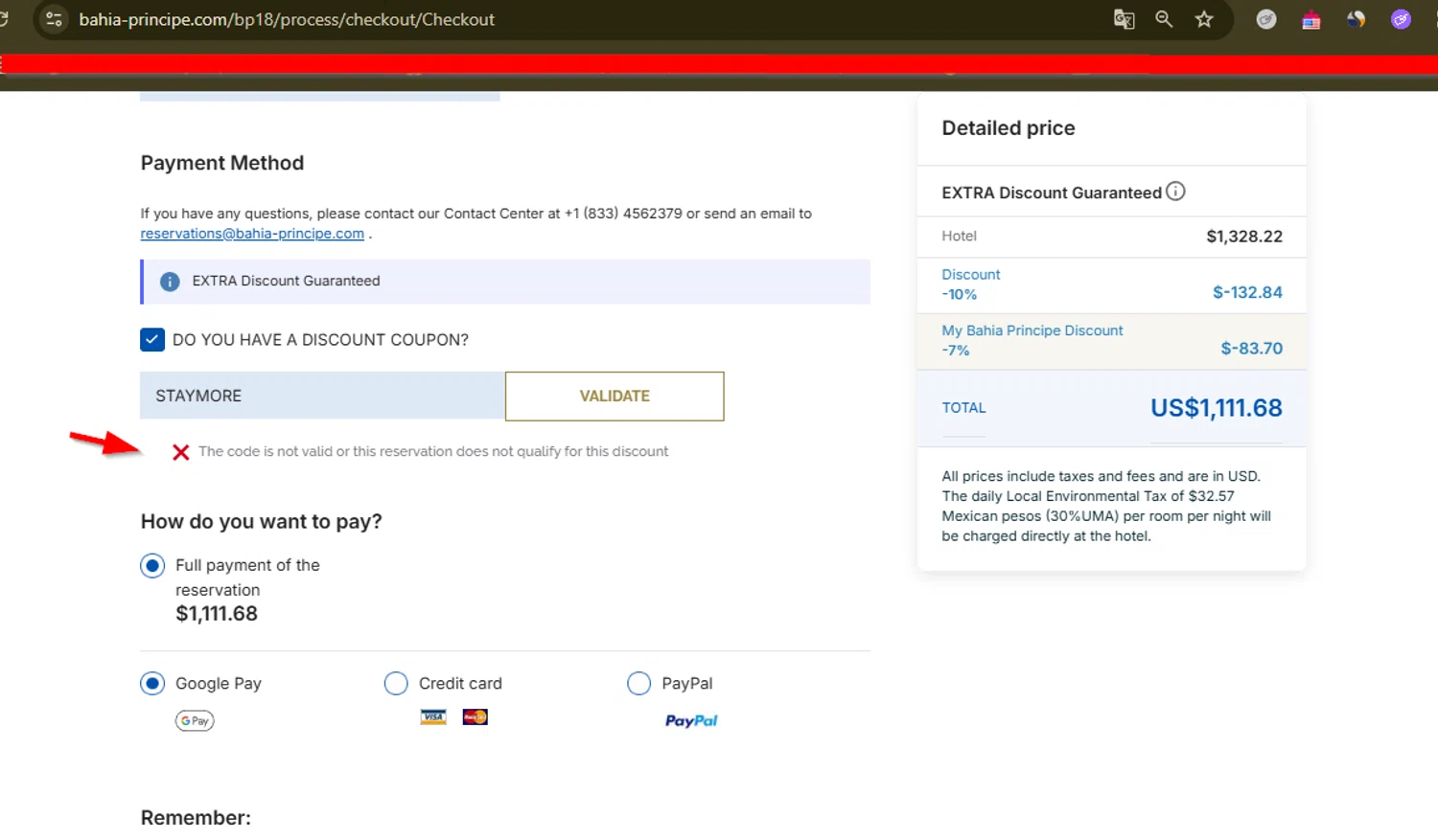 Bahia Principe Hotels & Resorts promo code screenshot showing code STAYMORE applied at Bahia Principe Hotels & Resorts checkout page. Uploaded by SimplyCodes community member SimplyCVerlie on Feb 11, 2025