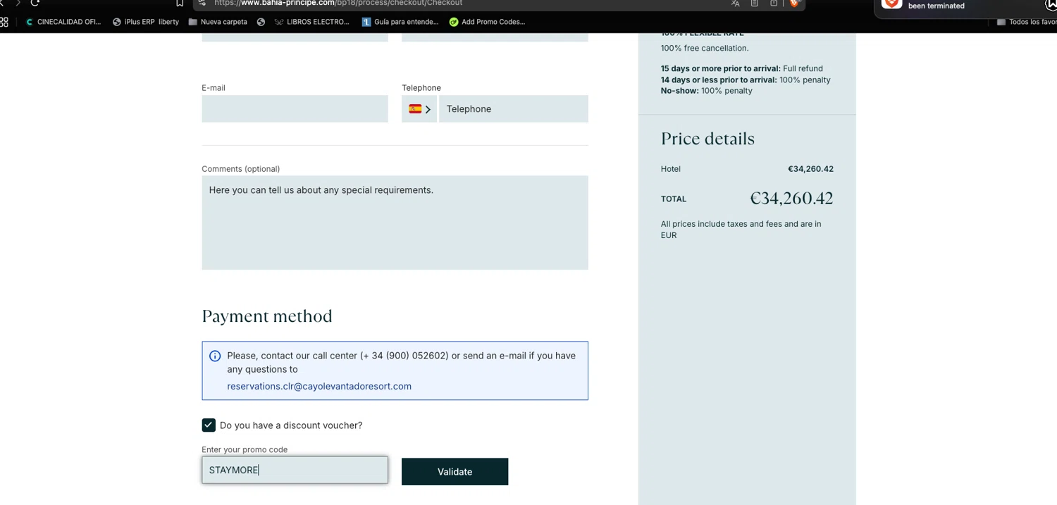 Bahia Principe Hotels & Resorts promo code screenshot showing code STAYMORE applied at Bahia Principe Hotels & Resorts checkout page. Uploaded by SimplyCodes community member ELOIN777 on Mar 3, 2025