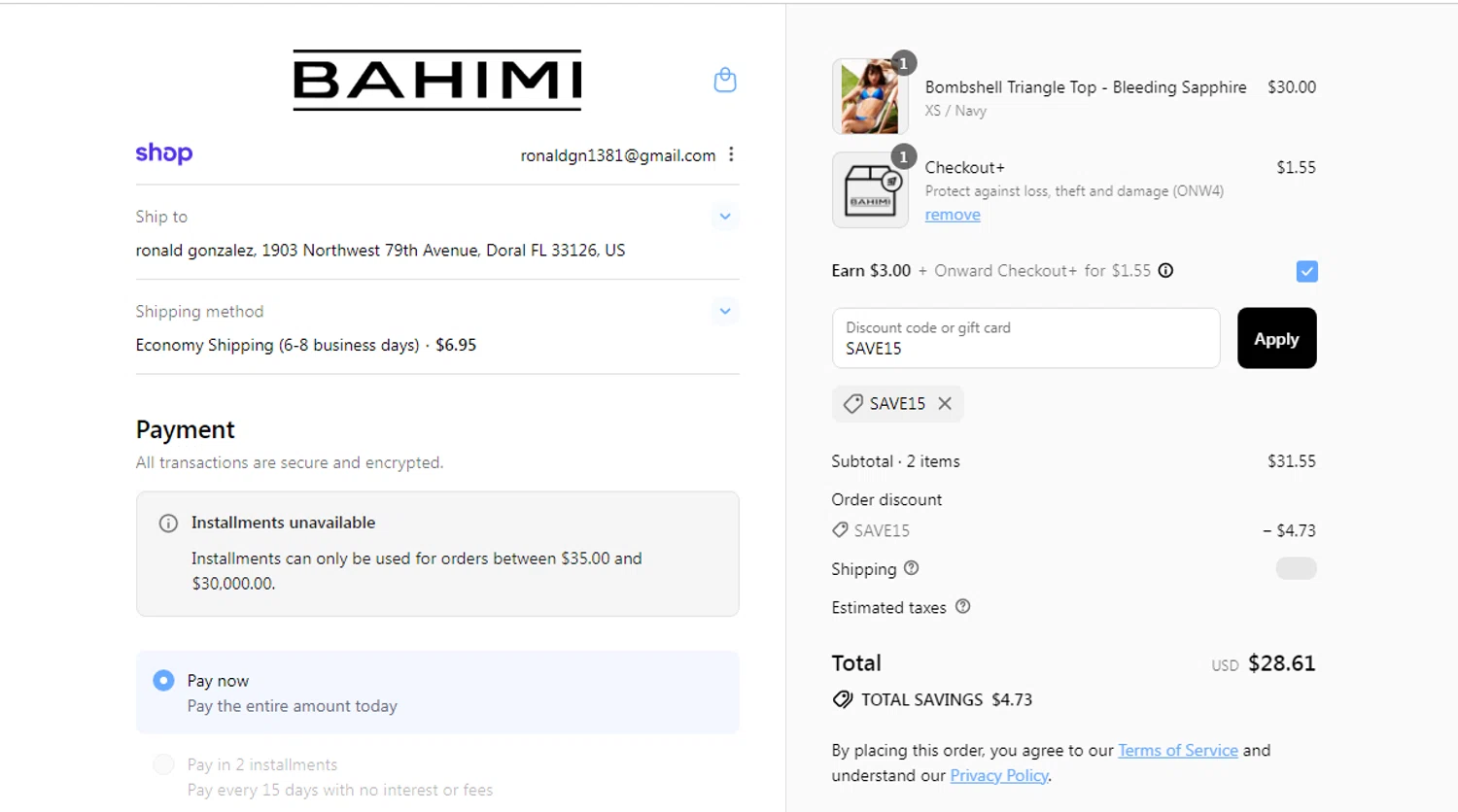 Bahimi promo code screenshot showing code SAVE15 applied at Bahimi checkout page. Uploaded by SimplyCodes community member CleverAdmiral7613 on Aug 29, 2025