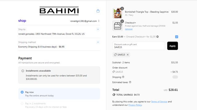 Bahimi checkout page showing Bahimi promo code box | Screenshot taken by SimplyCodes community member on Aug 29, 2025