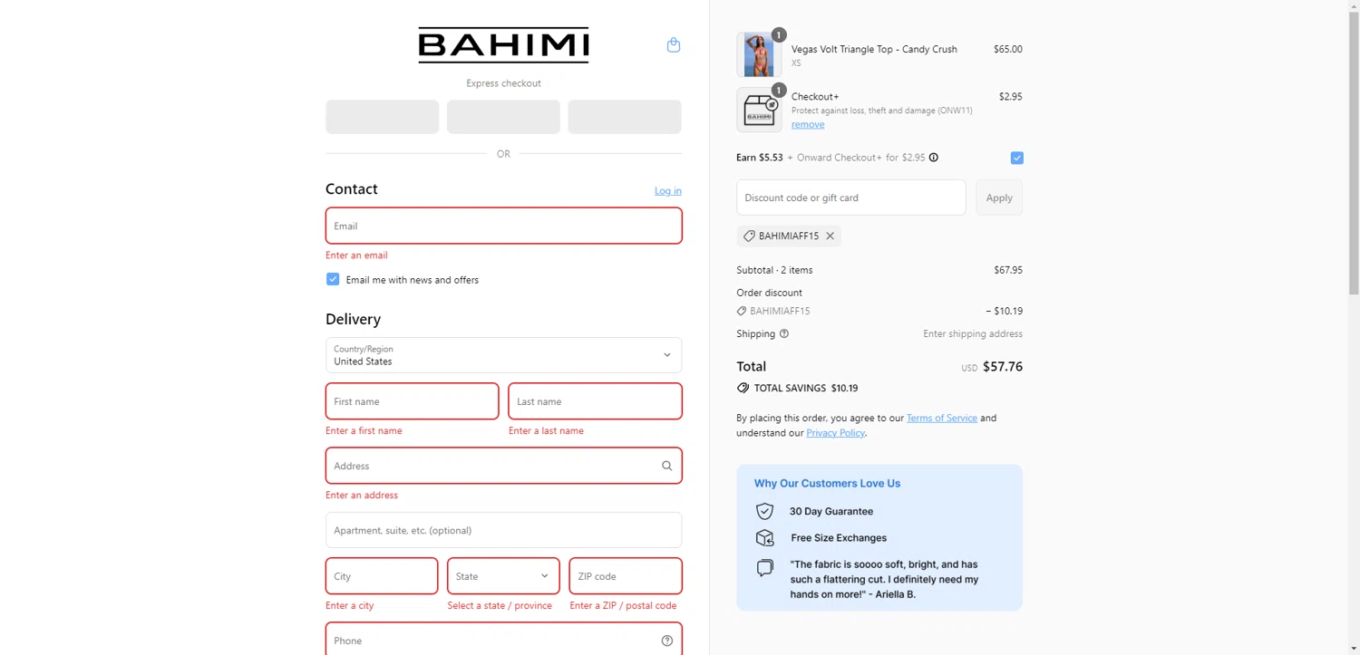 Bahimi promo code screenshot showing code BAHIMIAFF15 applied at Bahimi checkout page. Uploaded by SimplyCodes community member CashSentinel5495 on Aug 29, 2025