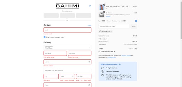 Bahimi checkout page showing Bahimi promo code box | Screenshot taken by SimplyCodes community member on Aug 29, 2025