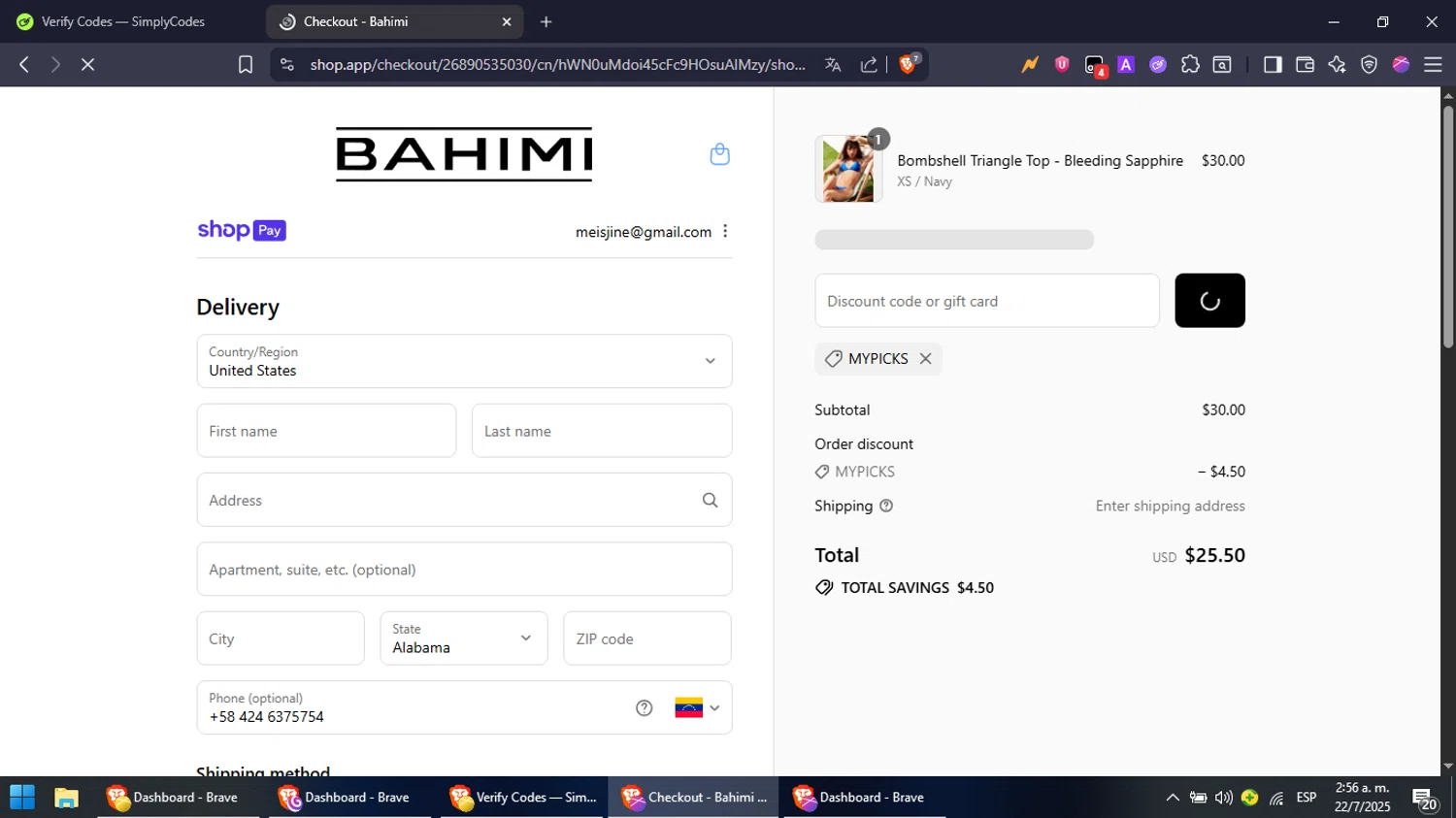 Bahimi promo code screenshot showing code MYPICKS applied at Bahimi checkout page. Uploaded by SimplyCodes community member NobleFox488 on Jul 22, 2025