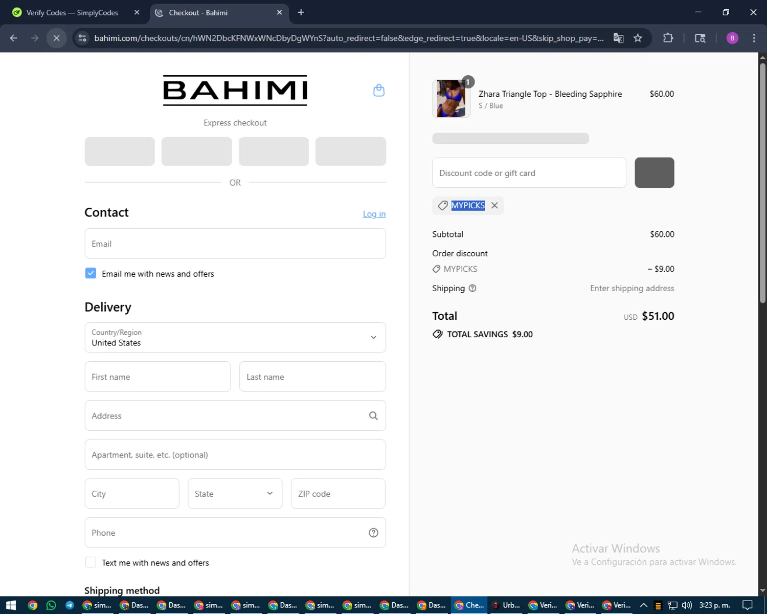 Bahimi promo code screenshot showing code MYPICKS applied at Bahimi checkout page. Uploaded by SimplyCodes community member travisscott on Aug 25, 2025