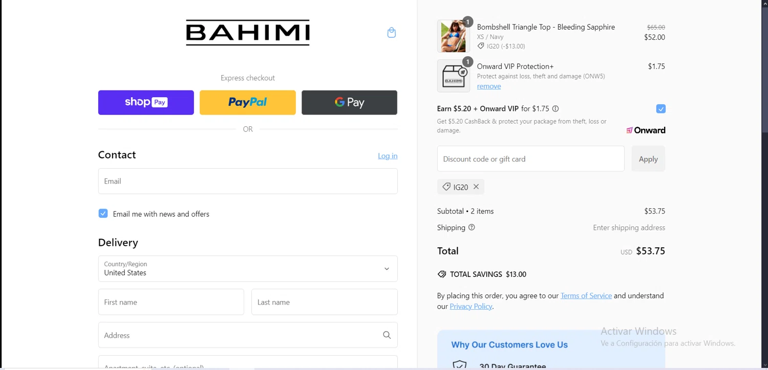 Bahimi promo code screenshot showing code IG20 applied at Bahimi checkout page. Uploaded by SimplyCodes community member comepingas on Jan 1, 2025