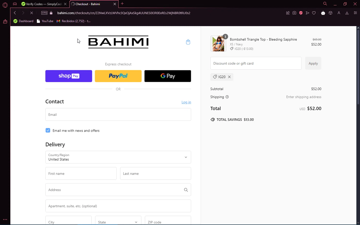 Bahimi promo code screenshot showing code IG20 applied at Bahimi checkout page. Uploaded by SimplyCodes community member number_1 on Jan 10, 2025