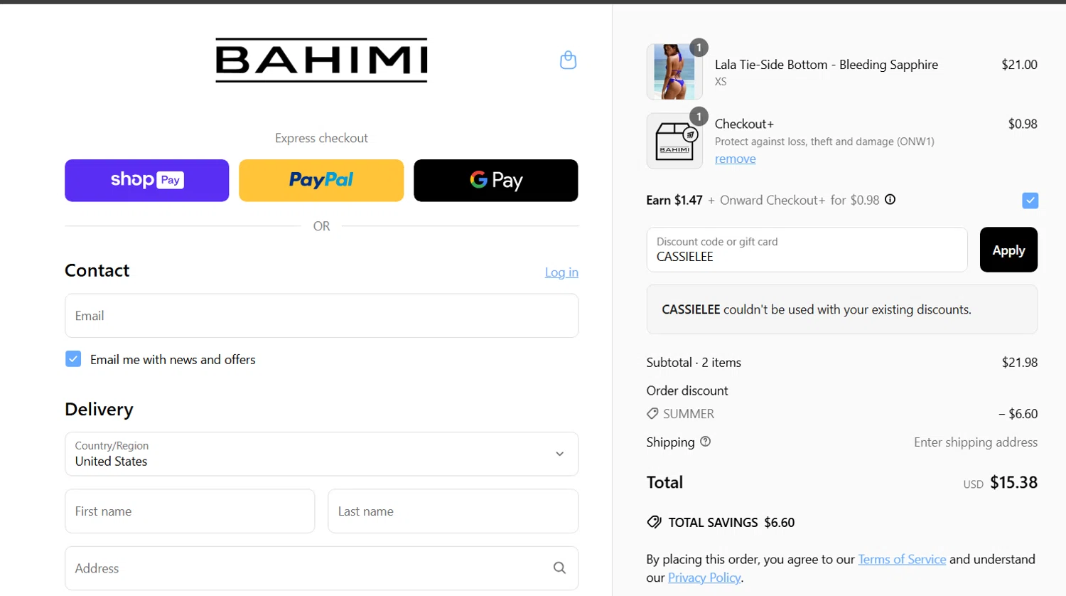Bahimi promo code screenshot showing code CASSIELEE applied at Bahimi checkout page. Uploaded by SimplyCodes community member RichterBelmont on Jun 9, 2025