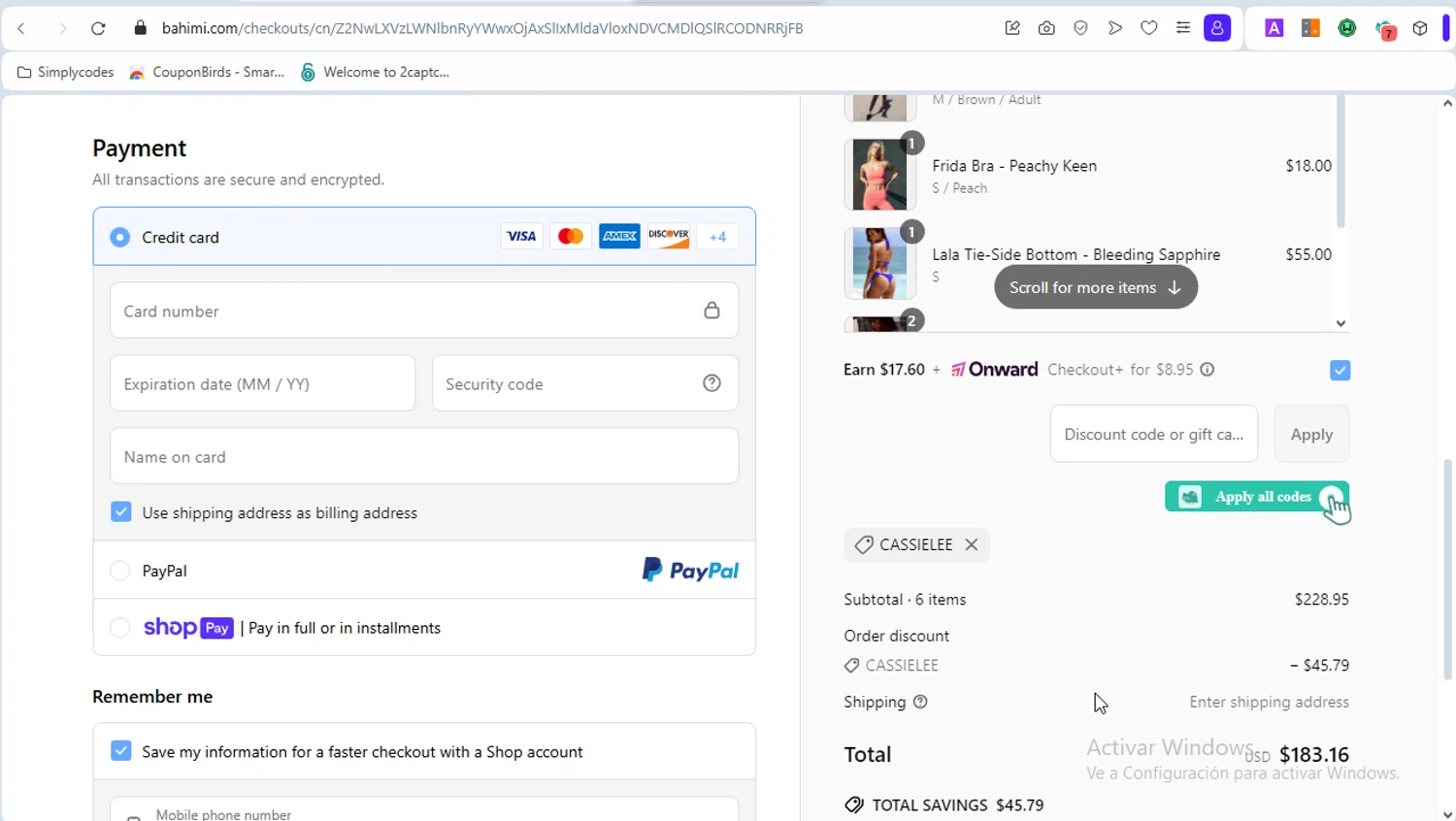 Bahimi promo code screenshot showing code CASSIELEE applied at Bahimi checkout page. Uploaded by SimplyCodes community member GoldAce5838 on Apr 4, 2025