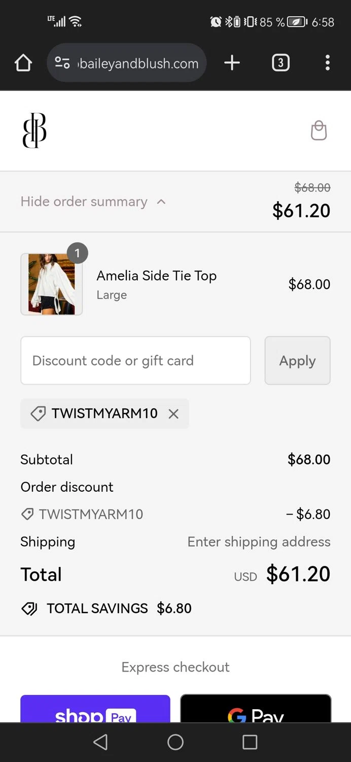 Bailey & Blush Boutique checkout page showing Bailey & Blush Boutique promo code box | Screenshot taken by SimplyCodes community member on May 13, 2024