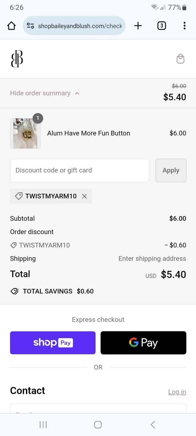 Bailey & Blush Boutique checkout page showing Bailey & Blush Boutique promo code box | Screenshot taken by SimplyCodes community member on May 13, 2024