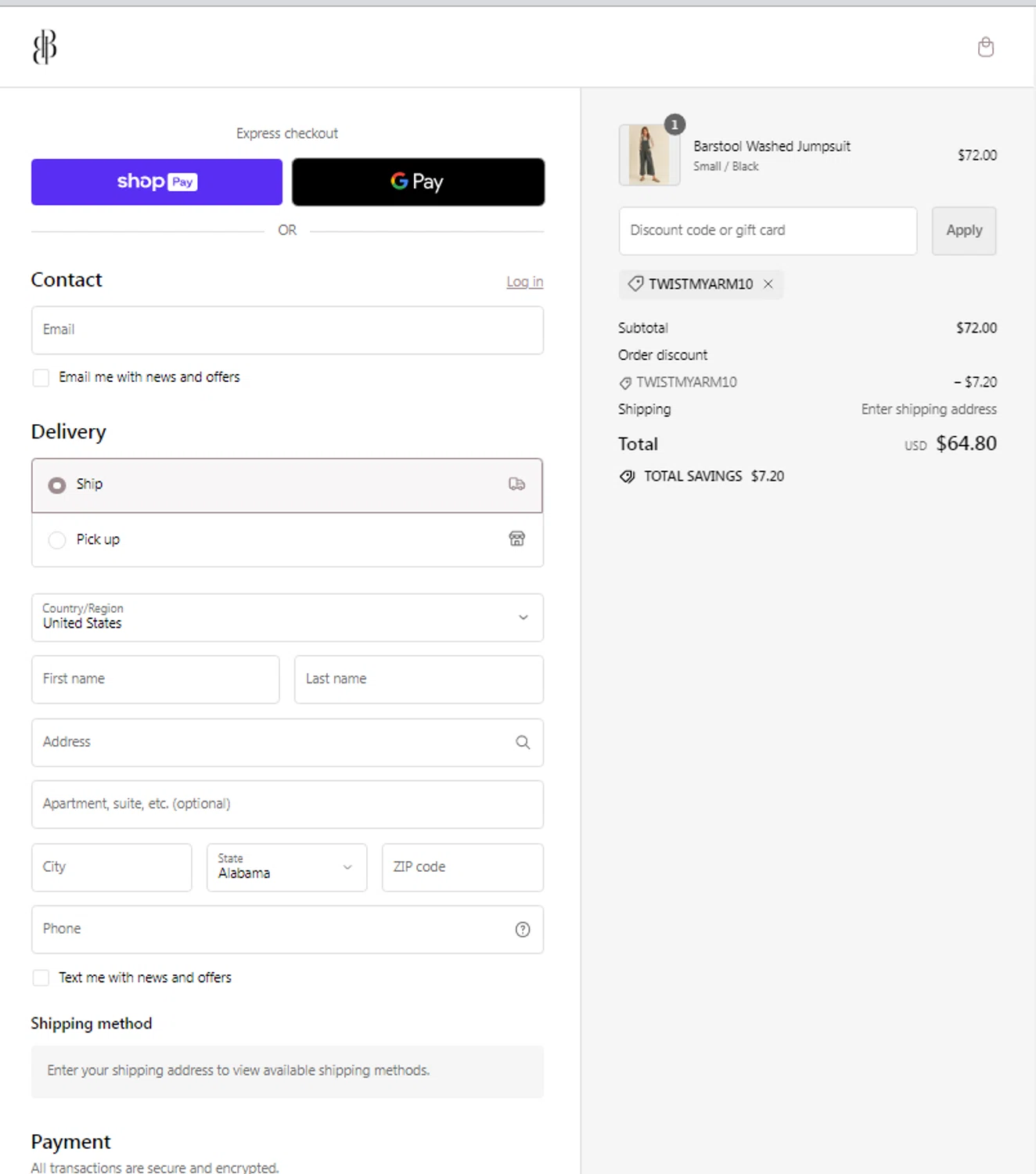 Bailey & Blush Boutique checkout page showing Bailey & Blush Boutique promo code box | Screenshot taken by SimplyCodes community member on May 13, 2024