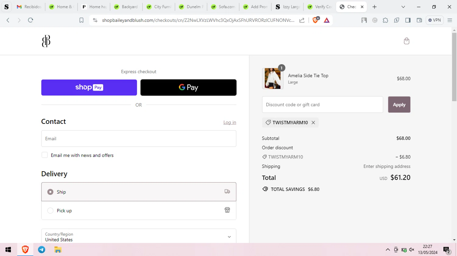 Bailey & Blush Boutique checkout page showing Bailey & Blush Boutique promo code box | Screenshot taken by SimplyCodes community member on May 14, 2024