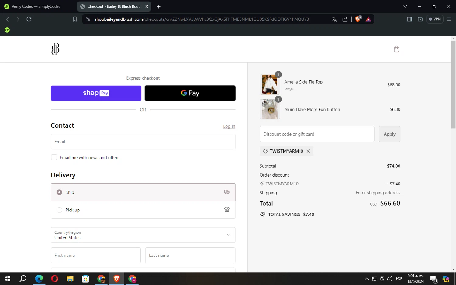 Bailey & Blush Boutique checkout page showing Bailey & Blush Boutique promo code box | Screenshot taken by SimplyCodes community member on May 13, 2024