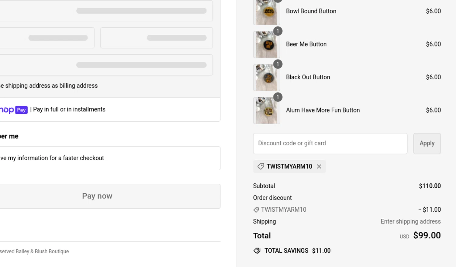 Bailey & Blush Boutique checkout page showing Bailey & Blush Boutique promo code box | Screenshot taken by SimplyCodes community member on May 13, 2024