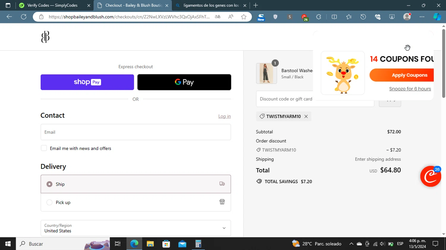 Bailey & Blush Boutique checkout page showing Bailey & Blush Boutique promo code box | Screenshot taken by SimplyCodes community member on May 13, 2024