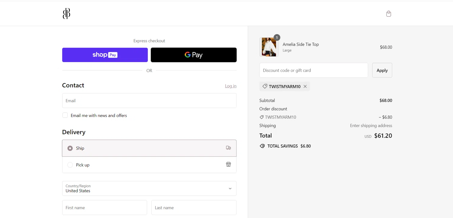 Bailey & Blush Boutique checkout page showing Bailey & Blush Boutique promo code box | Screenshot taken by SimplyCodes community member on May 13, 2024