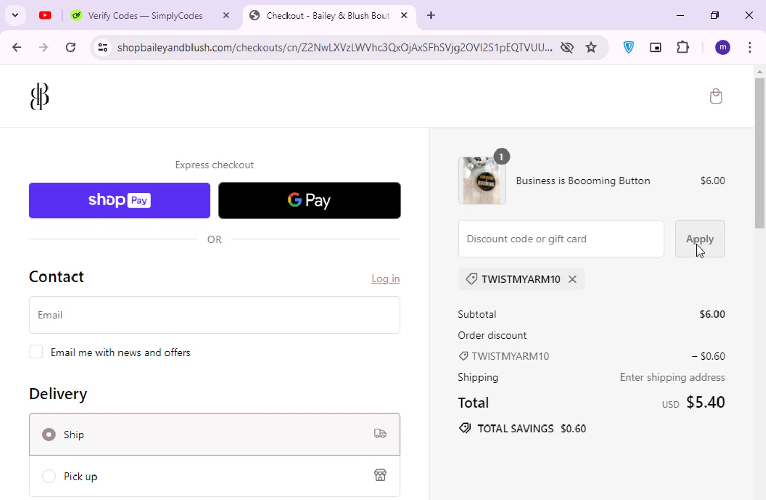 Bailey & Blush Boutique checkout page showing Bailey & Blush Boutique promo code box | Screenshot taken by SimplyCodes community member on May 13, 2024